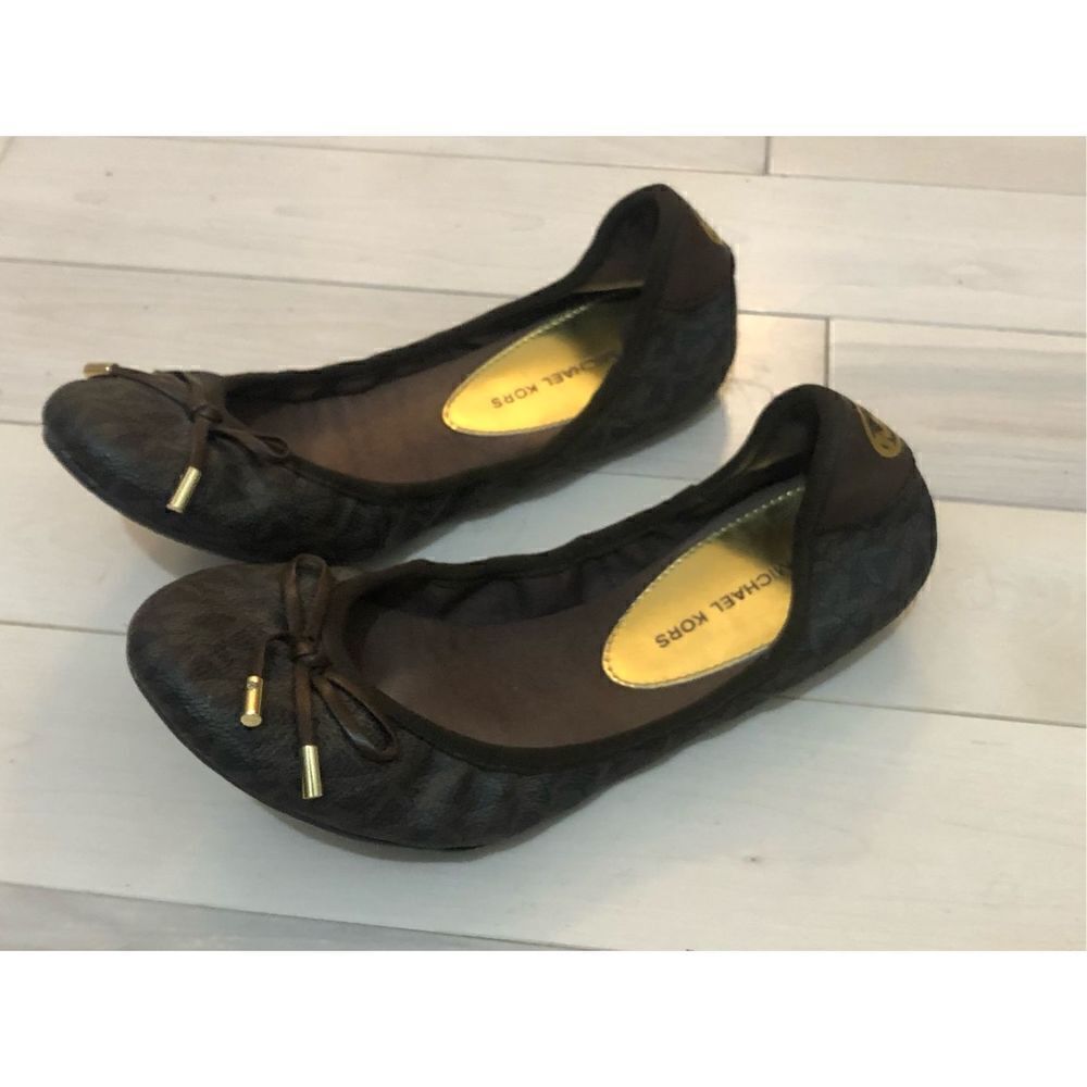 Michael Kors Women's City Logo Signature Print Ballet Flat Slip On Brown Size 6